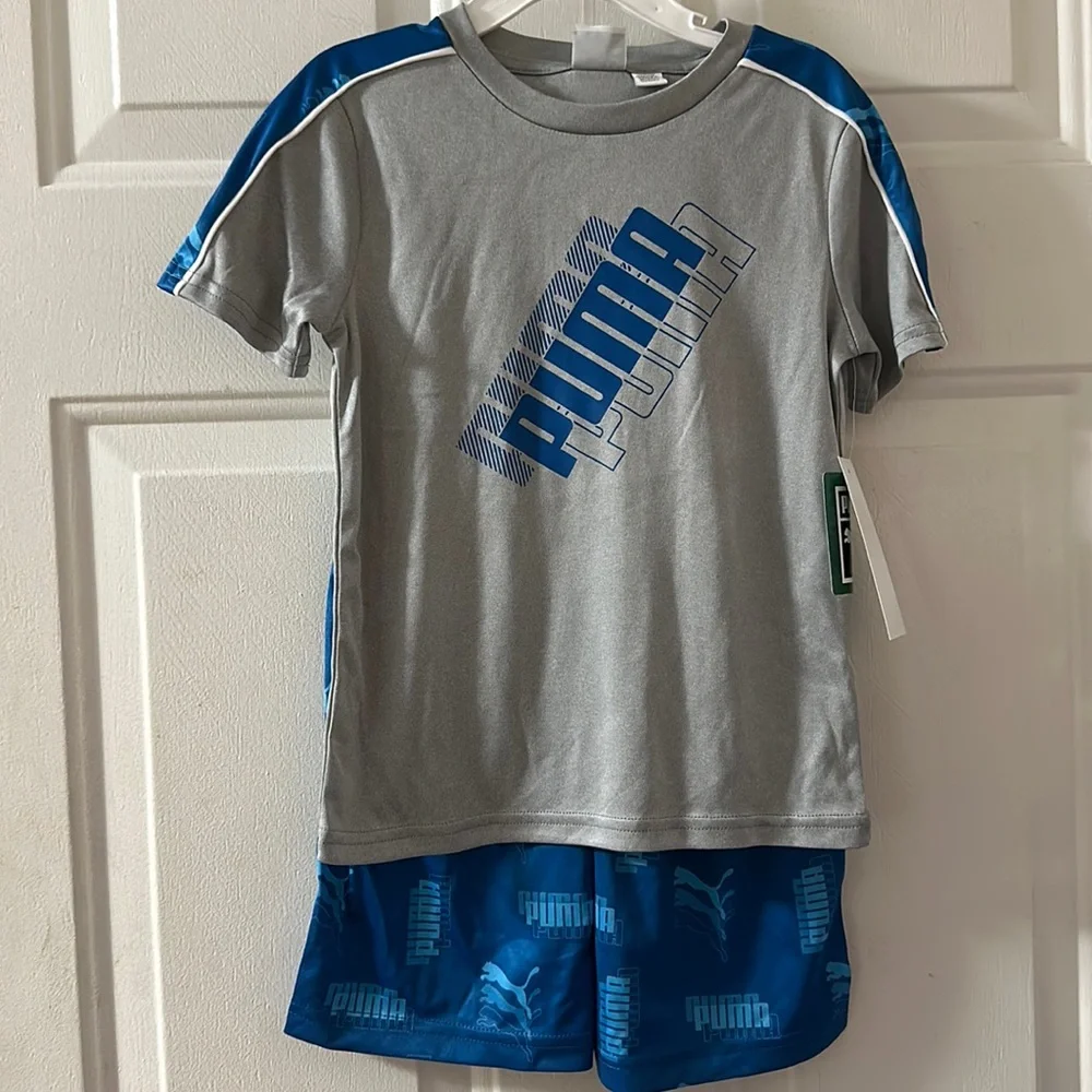PUMA TWO PIECE OUTFIT: TEE & SHORTS: BLUE/GRAY: NEW WITH TAGS: SIZE 4